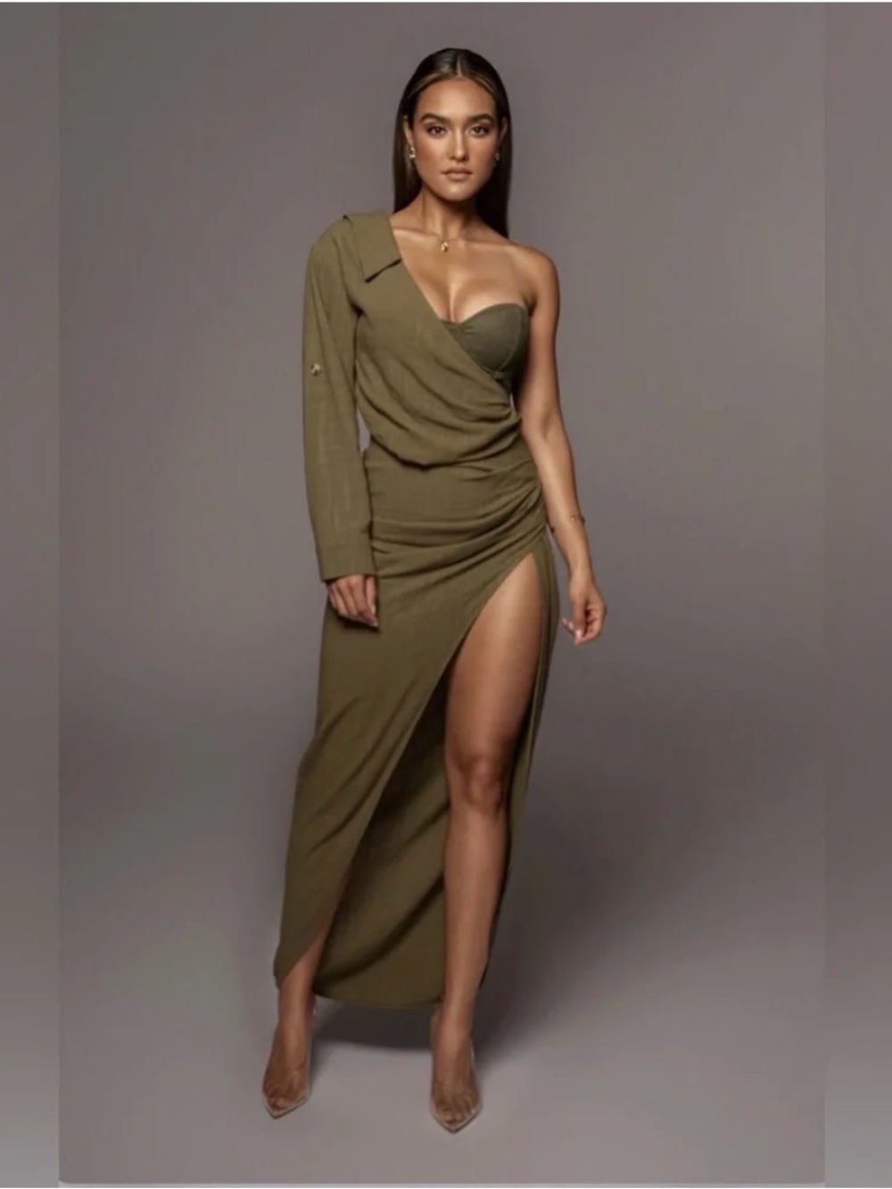 JLUXLABEL Olive One-Shoulder Draped High-Slit Maxi Dress